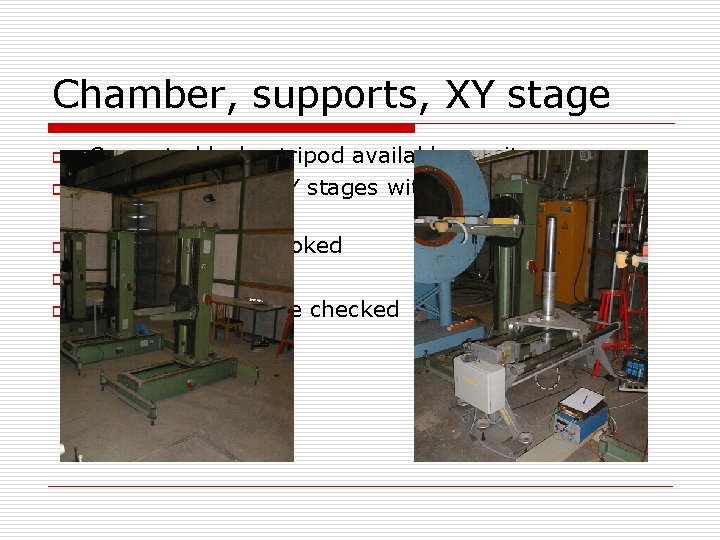Chamber, supports, XY stage o o o Concrete blocks, tripod available on site 30