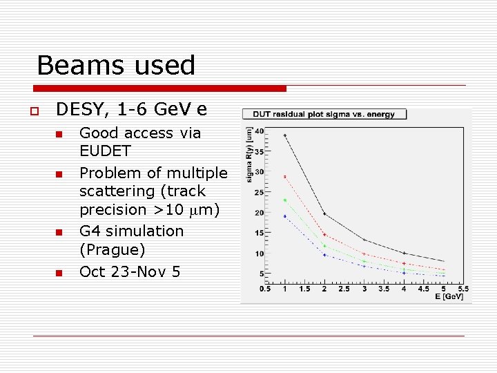 Beams used o DESY, 1 -6 Ge. V e n n Good access via