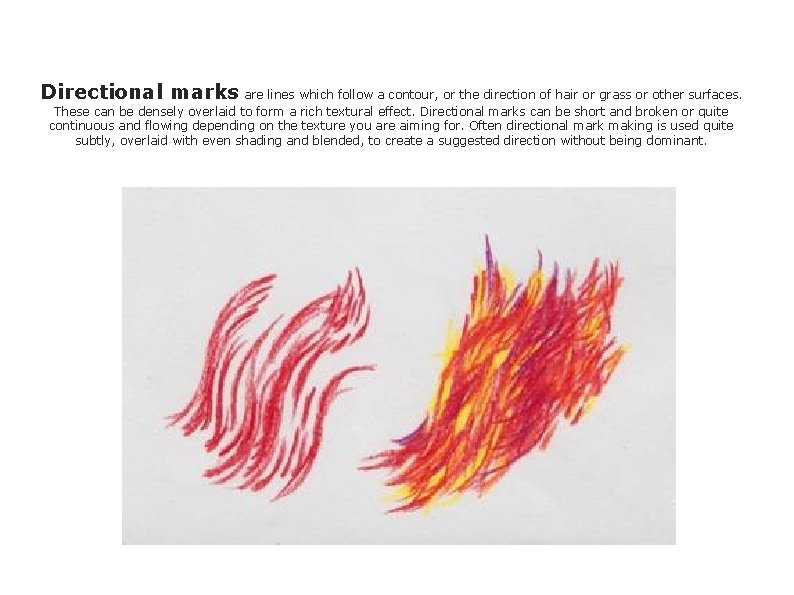 Directional marks are lines which follow a contour, or the direction of hair or