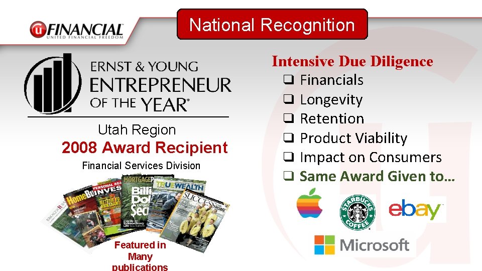 National Recognition _______________ Utah Region 2008 Award Recipient Financial Services Division Featured in Many