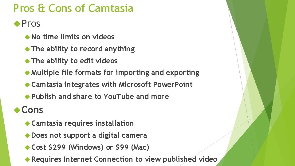 Pros & Cons of Camtasia Pros No time limits on videos The ability to