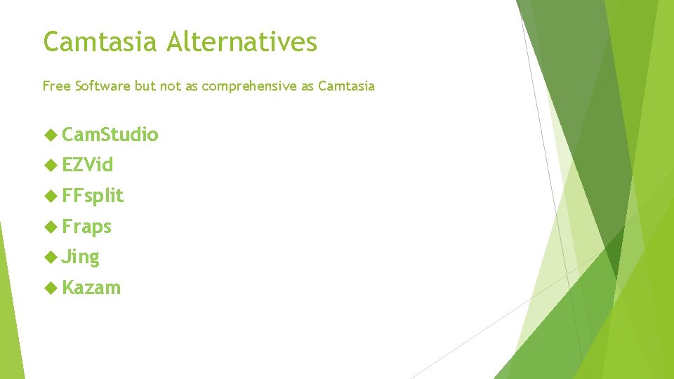 Camtasia Alternatives Free Software but not as comprehensive as Camtasia Cam. Studio EZVid FFsplit