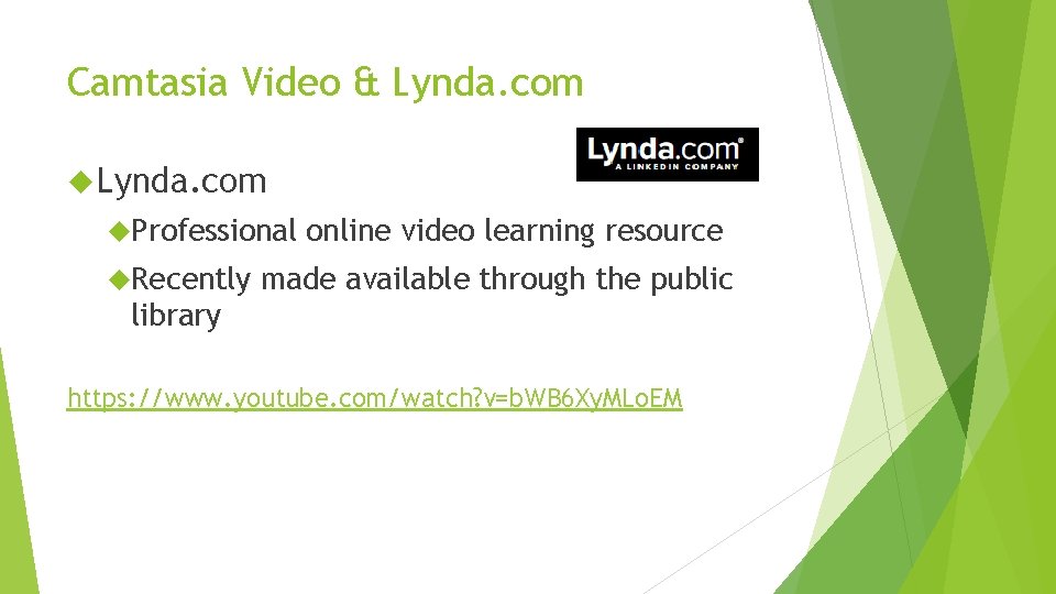 Camtasia Video & Lynda. com Professional Recently online video learning resource made available through