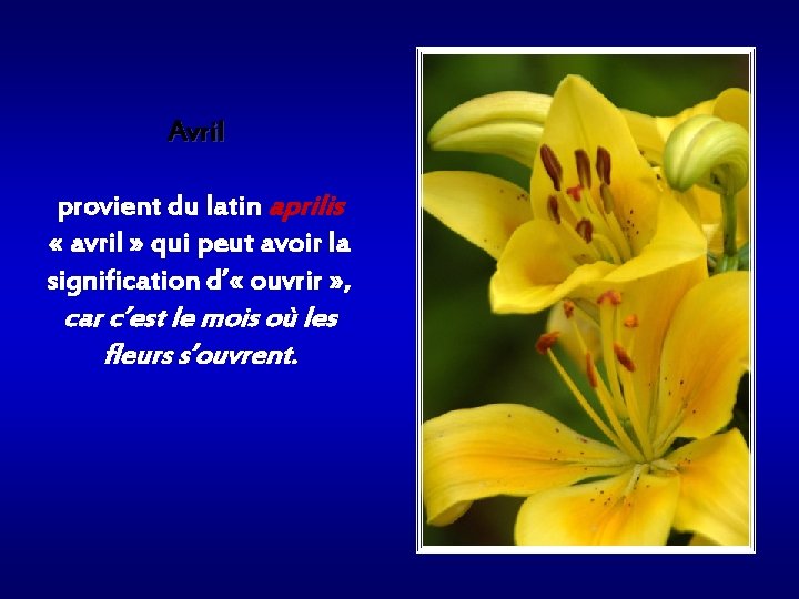 Avril provient du latin aprilis « avril » qui peut avoir la signification d’