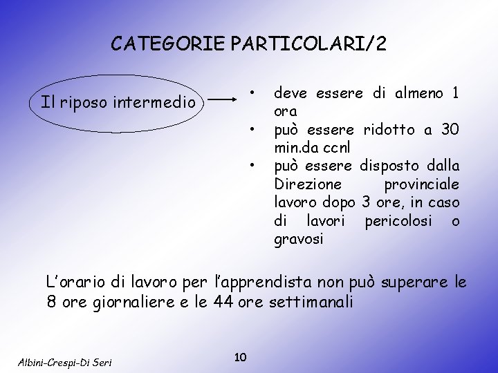 CATEGORIE PARTICOLARI/2 • Il riposo intermedio • • deve essere di almeno 1 ora