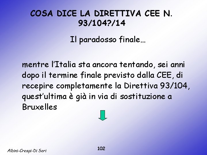 COSA DICE LA DIRETTIVA CEE N. 93/104? /14 Il paradosso finale… mentre l’Italia sta