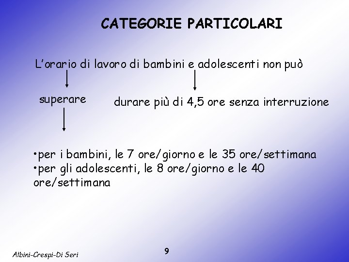 CATEGORIE PARTICOLARI L’orario di lavoro di bambini e adolescenti non può superare durare più