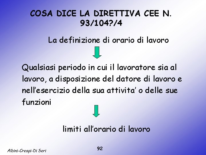 COSA DICE LA DIRETTIVA CEE N. 93/104? /4 La definizione di orario di lavoro