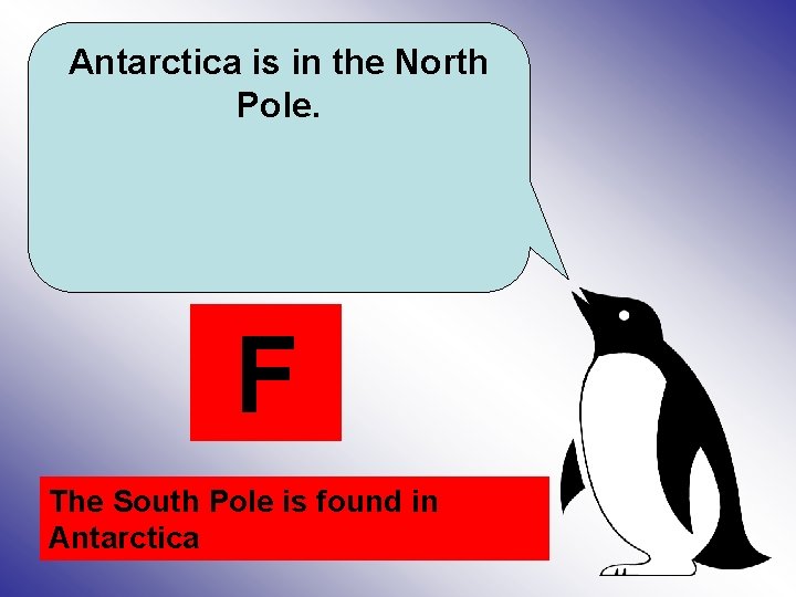 Antarctica is in the North Pole. F The South Pole is found in Antarctica