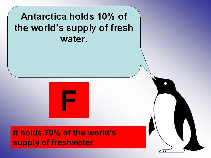Antarctica holds 10% of the world’s supply of fresh water. F It holds 70%