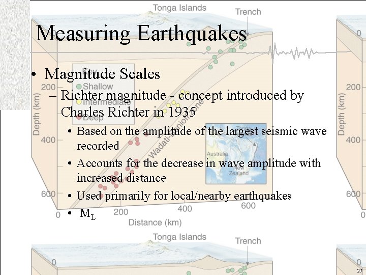 Measuring Earthquakes • Magnitude Scales – Richter magnitude - concept introduced by Charles Richter