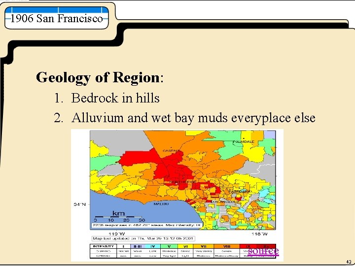 1906 San Francisco Geology of Region: 1. Bedrock in hills 2. Alluvium and wet