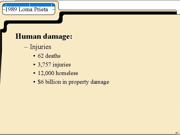 1989 Loma Prieta Human damage: – Injuries • • 62 deaths 3, 757 injuries