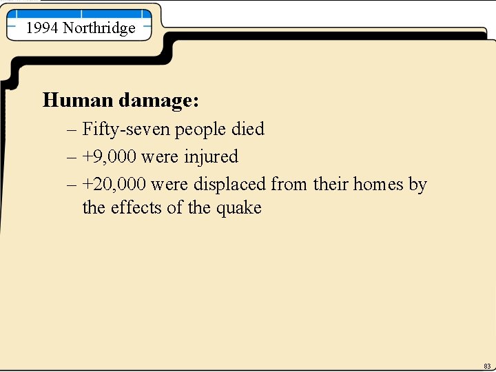 1994 Northridge Human damage: – Fifty-seven people died – +9, 000 were injured –
