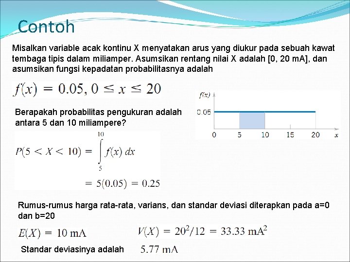 Contoh Misalkan variable acak kontinu X menyatakan arus yang diukur pada sebuah kawat tembaga