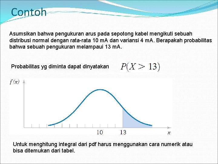 Contoh Asumsikan bahwa pengukuran arus pada sepotong kabel mengikuti sebuah distribusi normal dengan rata-rata