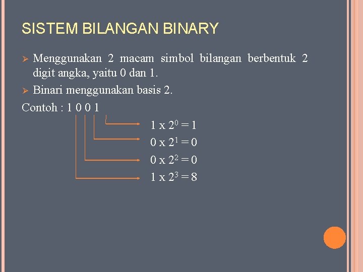 SISTEM BILANGAN BINARY Menggunakan 2 macam simbol bilangan berbentuk 2 digit angka, yaitu 0