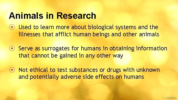 Animals in Research ⦿ Used to learn more about biological systems and the illnesses
