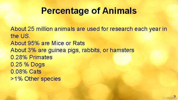 Percentage of Animals About 25 million animals are used for research each year in