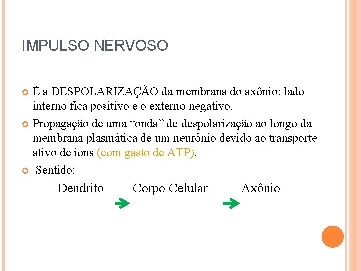 IMPULSO NERVOSO É a DESPOLARIZAÇÃO da membrana do axônio: lado interno fica positivo e