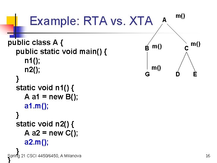Example: RTA vs. XTA public class A { public static void main() { n