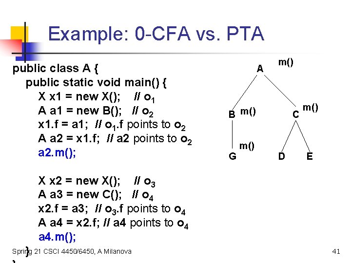 Example: 0 -CFA vs. PTA public class A { public static void main() {