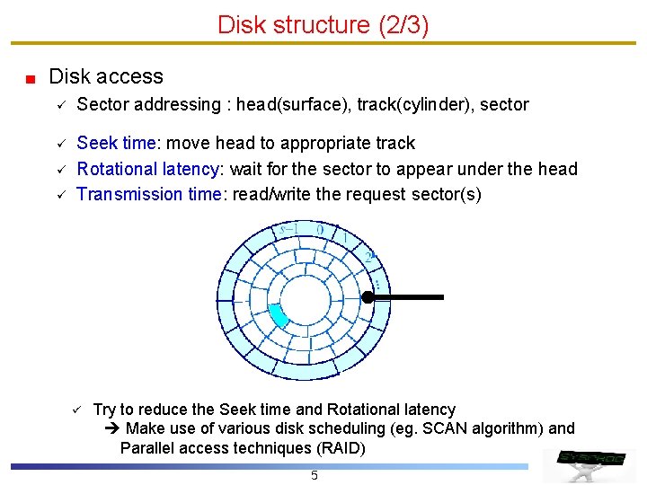 Disk structure (2/3) Disk access ü Sector addressing : head(surface), track(cylinder), sector ü Seek