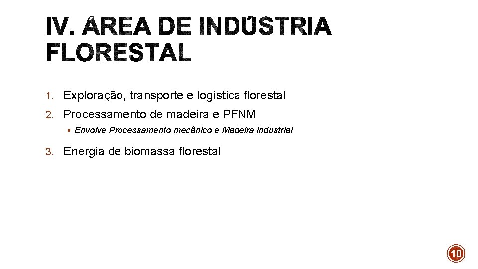 1. Exploração, transporte e logística florestal 2. Processamento de madeira e PFNM § Envolve