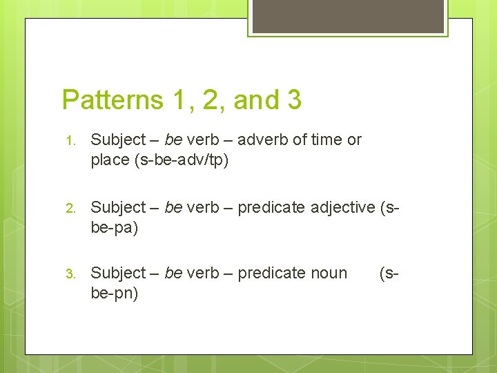 Patterns 1, 2, and 3 1. Subject – be verb – adverb of time Patterns 1, 2, and 3 1. Subject – be verb – adverb of time