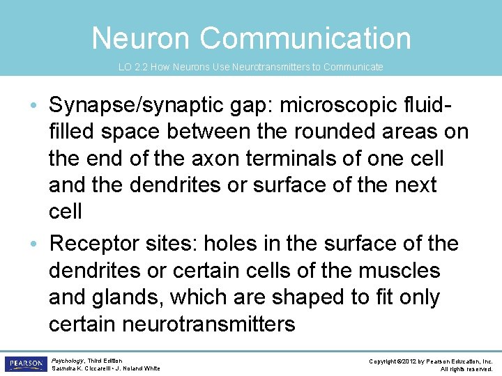 Neuron Communication LO 2. 2 How Neurons Use Neurotransmitters to Communicate • Synapse/synaptic gap: