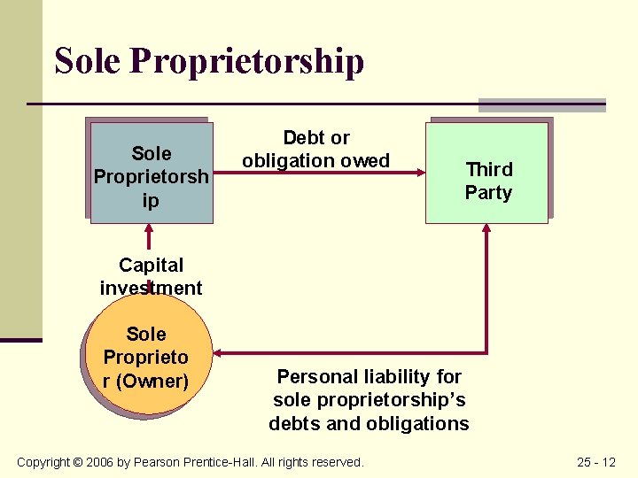 Sole Proprietorship Sole Proprietorsh ip Debt or obligation owed Third Party Capital investment Sole