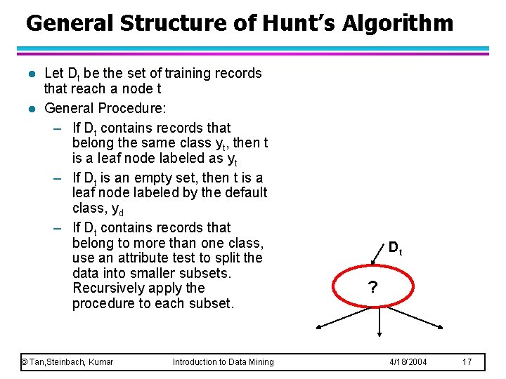 General Structure of Hunt’s Algorithm l l Let Dt be the set of training