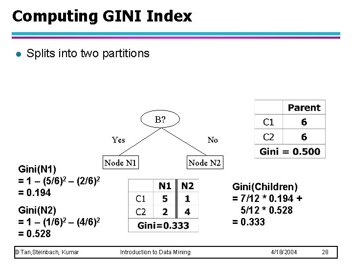Computing GINI Index l Splits into two partitions B? Yes Gini(N 1) = 1