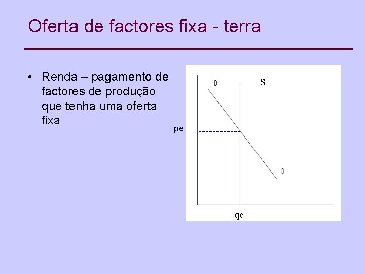 Oferta de factores fixa - terra • Renda – pagamento de factores de produção