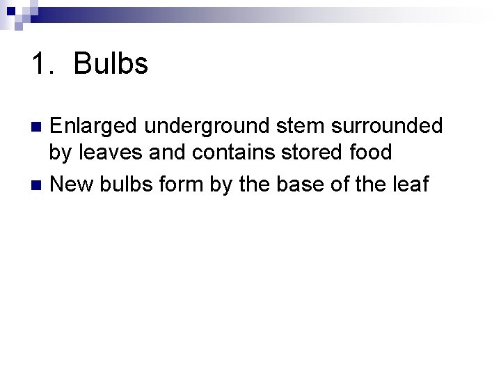 1. Bulbs Enlarged underground stem surrounded by leaves and contains stored food n New