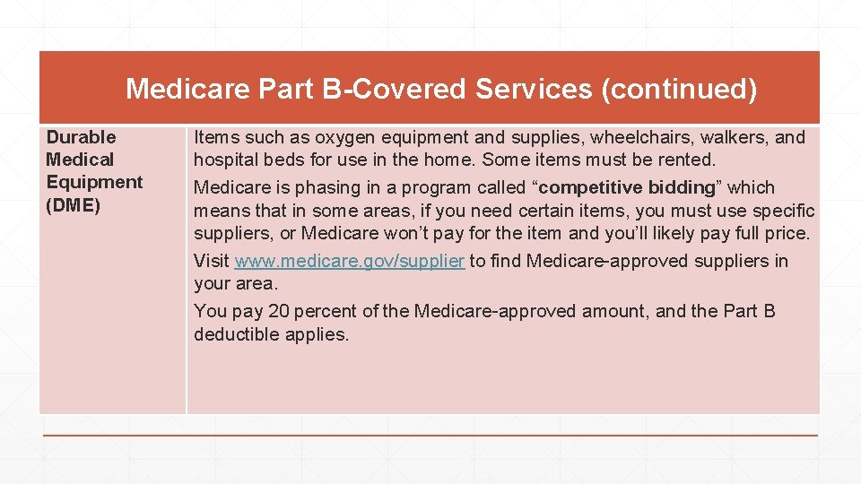 Medicare Part B-Covered Services (continued) Durable Medical Equipment (DME) Items such as oxygen equipment