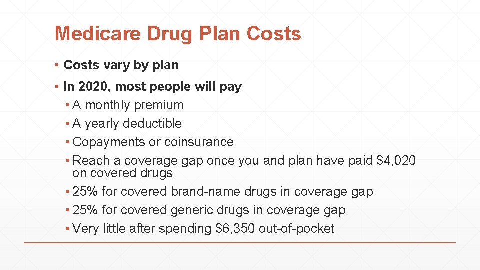Medicare Drug Plan Costs ▪ Costs vary by plan ▪ In 2020, most people