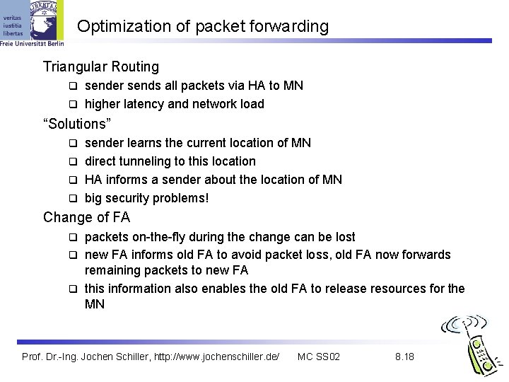 Optimization of packet forwarding Triangular Routing sender sends all packets via HA to MN