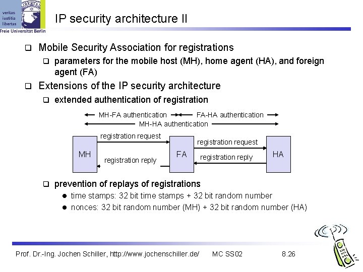 IP security architecture II q Mobile Security Association for registrations q q parameters for