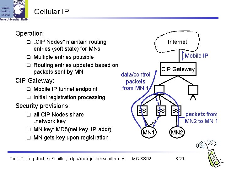 Cellular IP Operation: „CIP Nodes“ maintain routing entries (soft state) for MNs q Multiple