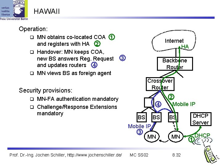 HAWAII Operation: MN obtains co-located COA 1 and registers with HA 2 q Handover: