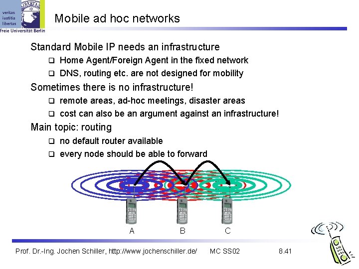 Mobile ad hoc networks Standard Mobile IP needs an infrastructure Home Agent/Foreign Agent in