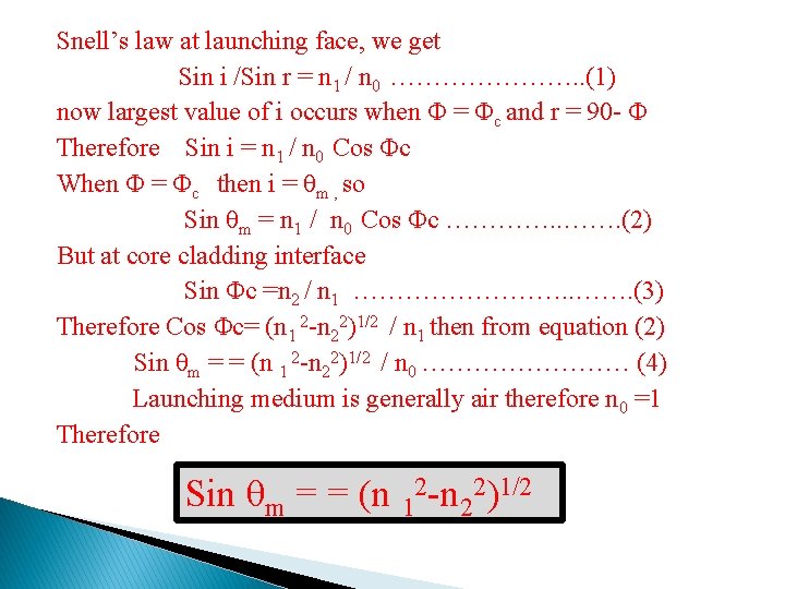 Snell’s law at launching face, we get Sin i /Sin r = n 1