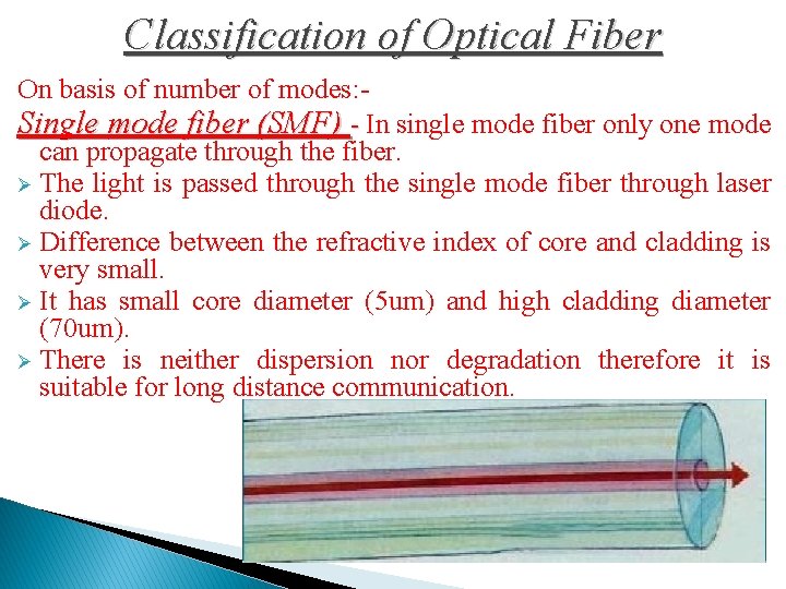 Classification of Optical Fiber On basis of number of modes: Single mode fiber (SMF)