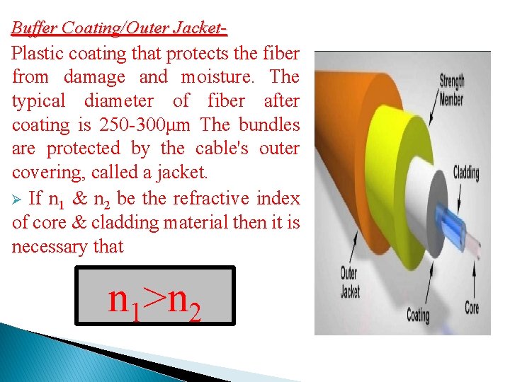 Buffer Coating/Outer Jacket- Plastic coating that protects the fiber from damage and moisture. The
