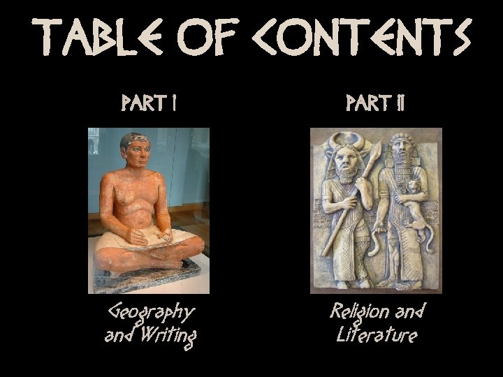 TABLE OF CONTENTS PART II Geography and Writing Religion and Literature 