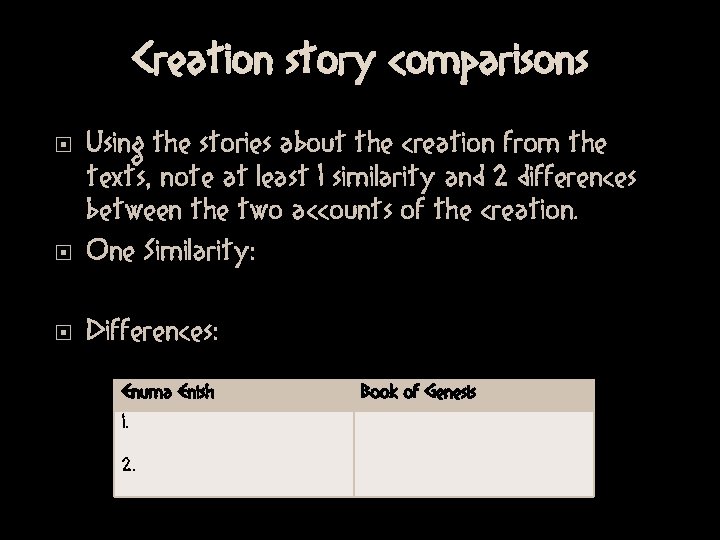 Creation story comparisons Using the stories about the creation from the texts, note at