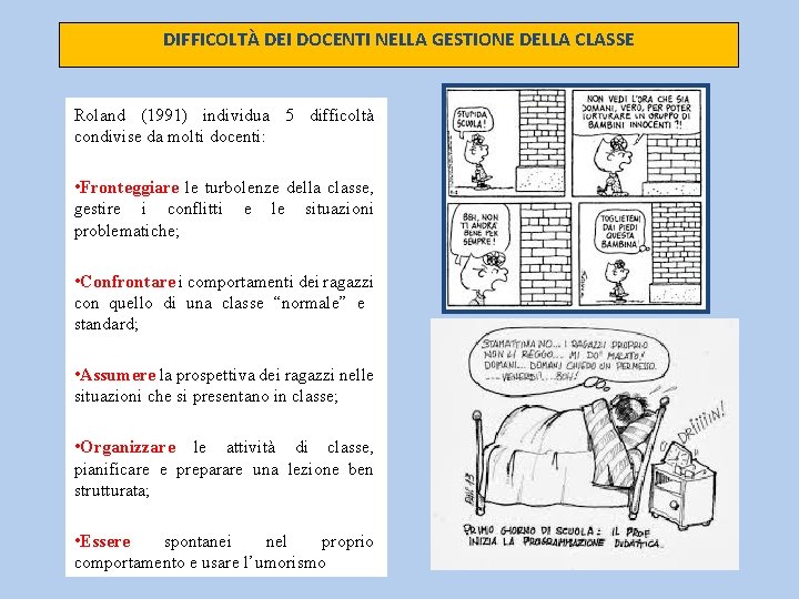 DIFFICOLTÀ DEI DOCENTI NELLA GESTIONE DELLA CLASSE Roland (1991) individua 5 difficoltà condivise da