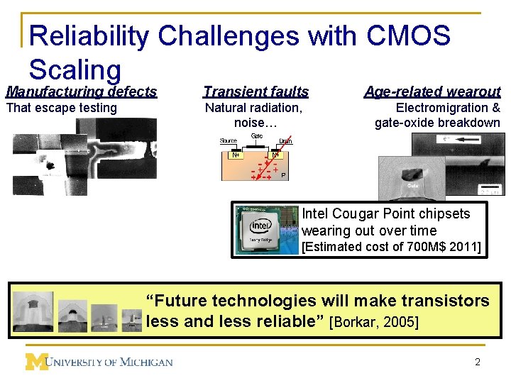 Reliability Challenges with CMOS Scaling Manufacturing defects Transient faults That escape testing Natural radiation,