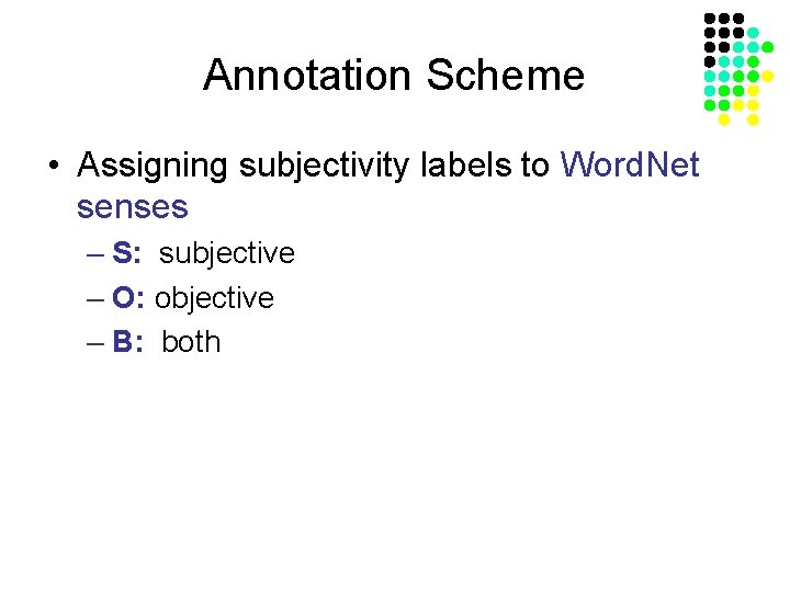 Annotation Scheme • Assigning subjectivity labels to Word. Net senses – S: subjective –